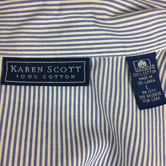 Karen Scott Blouse Blue White Striped Button Up - Picture 8 of 8